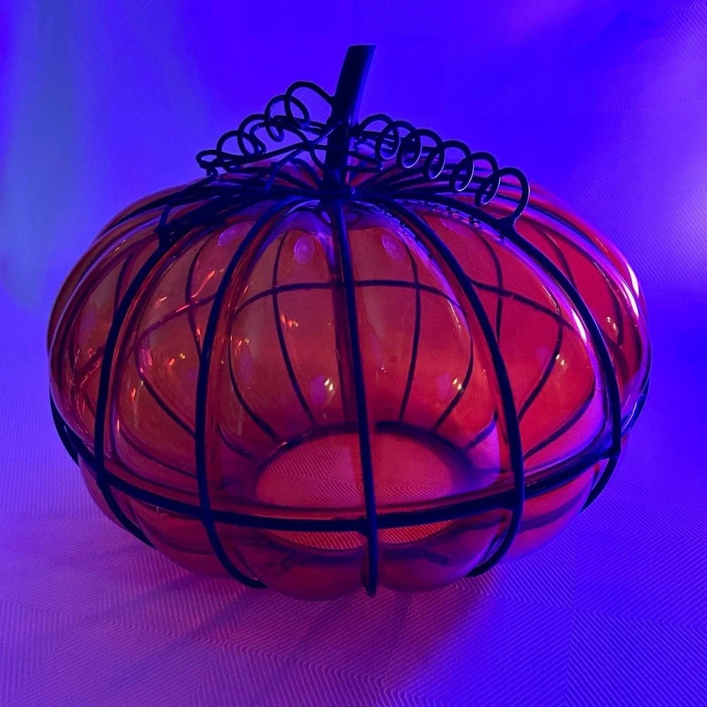 Hand-Blown Amber Glass Metal Caged Pumpkin Decor/Shade/Candle Lantern Halloween